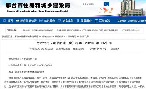 河北宏宇房地产集团旗下子公司遭罚 委托无资格机构代理销售商品房的行为